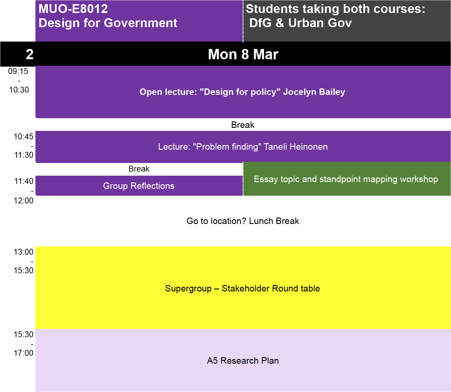 Schedule of the second week's Design for Government contact teaching activities.