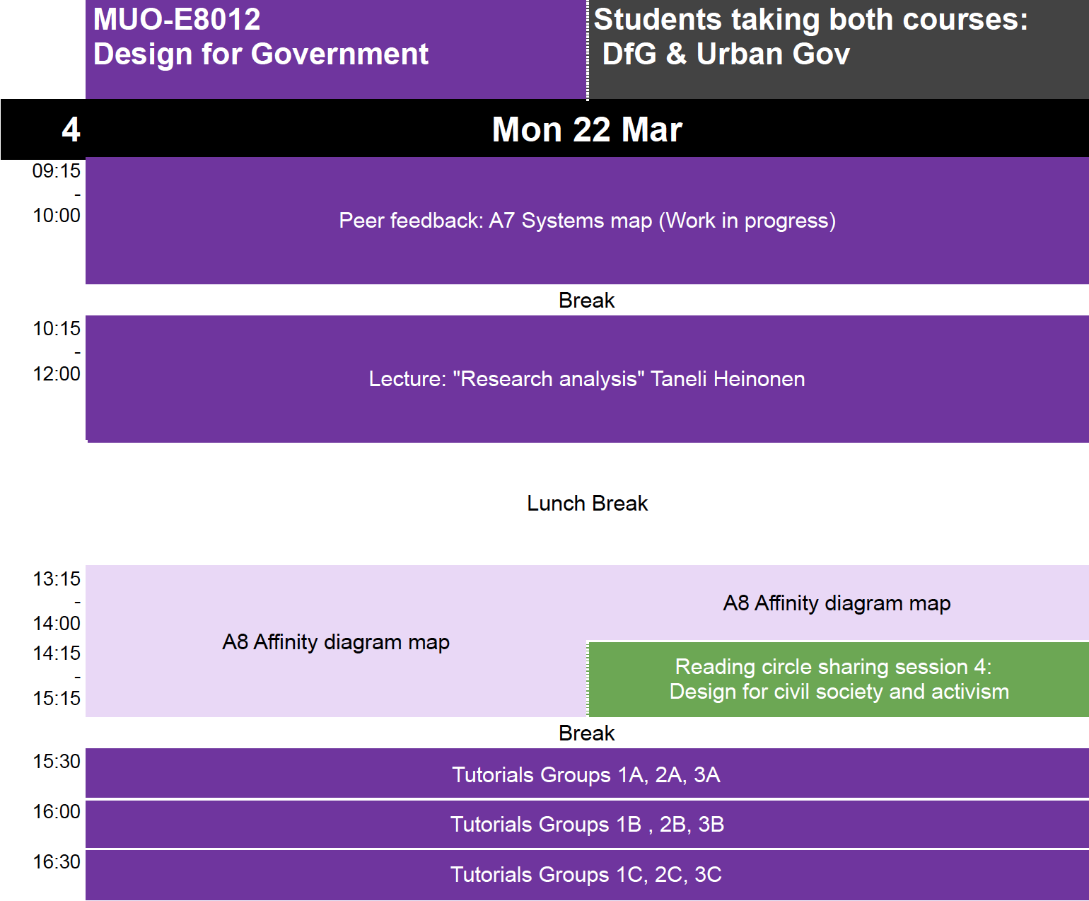 Schedule of the fourth week's Design for Government contact teaching activities.