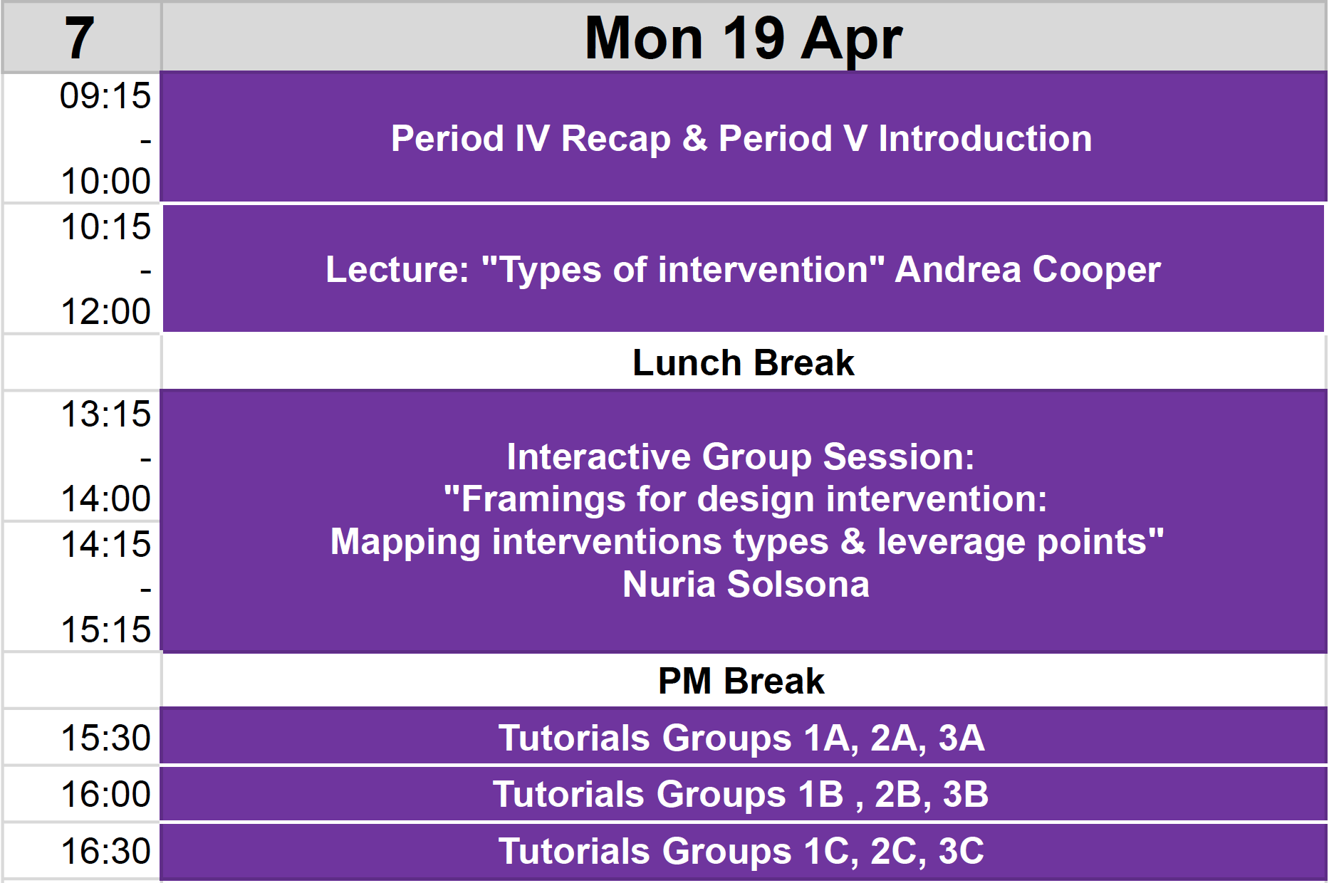 Schedule for contact teaching activities in Week 7