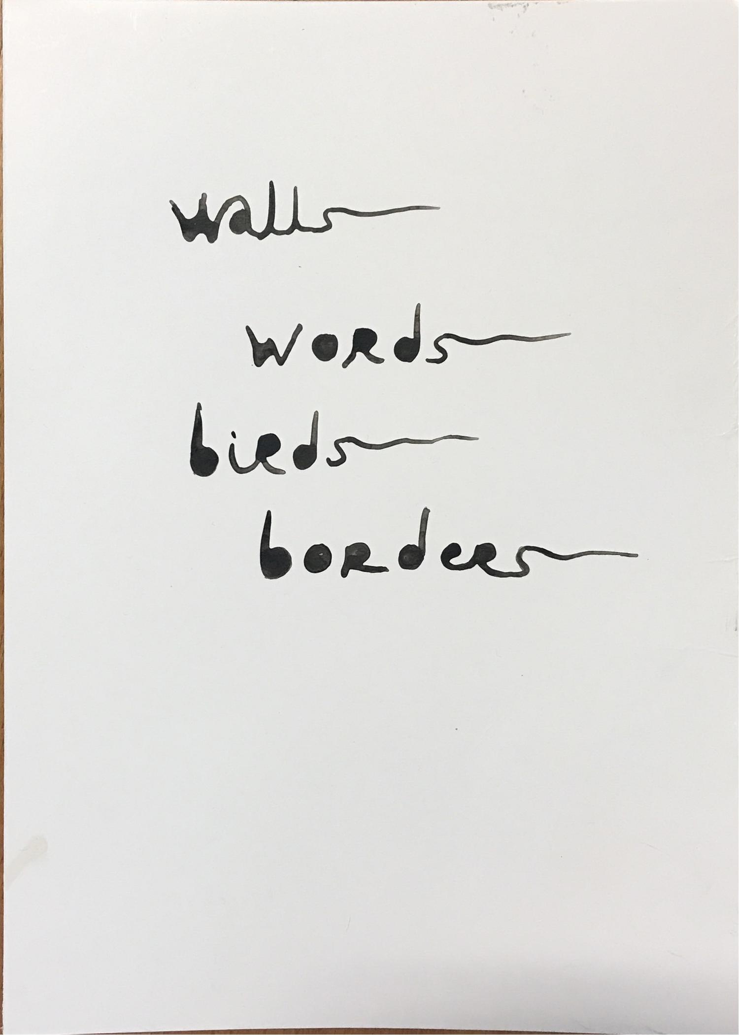 Babi Badalov, Walls words birds borders, 2020, Ink on paper, 21x30cm (https://www.mwoods.org/ROOM-0220AL)
