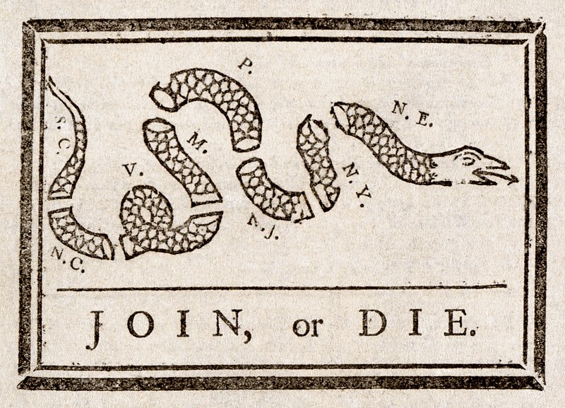 Join, or Die. by Benjamin Franklin (1754), a political cartoon commentary on the disunity of the Thirteen Colonies during the