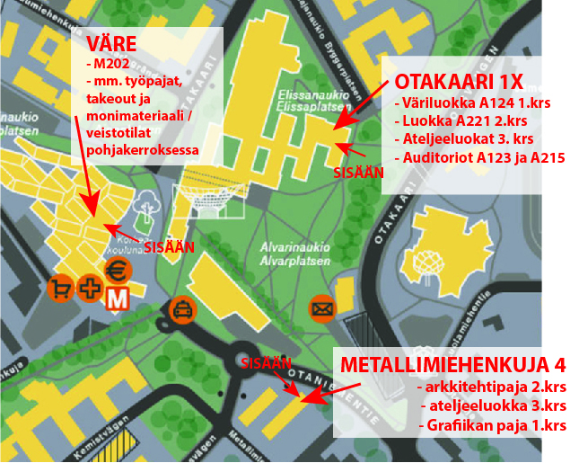 Course: ARTS-A0115 - (MUOTI, MUOTOILU, KUVIS) Taiteen nykykäytännöt, Studio  A, ., Topic: Kartta - kurssin opetustilat kampusalueella