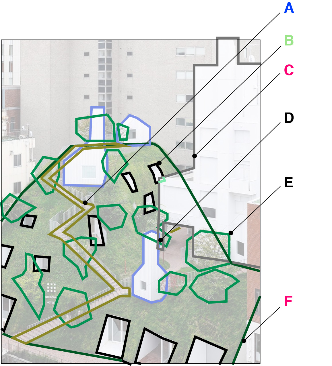 A pictorial analysis of Sou Fujimoto's Shiroya Hotel.