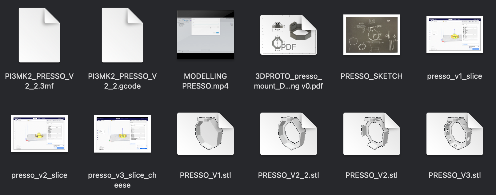This thumbnail shows all the files in presso_all.zip except for the video.'
Included is stl, 3mf, gcode, drawing, sketch.