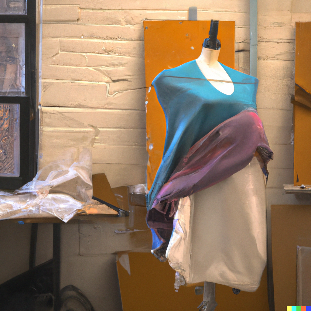 An abstract painting of a mannequin with intricate garment draping in blue and white inside a workshop