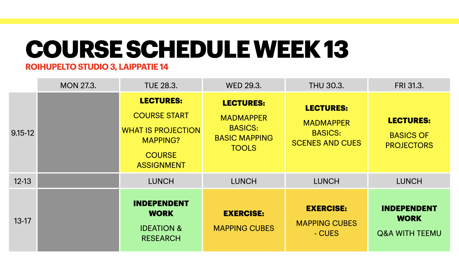 Course schedule week 13