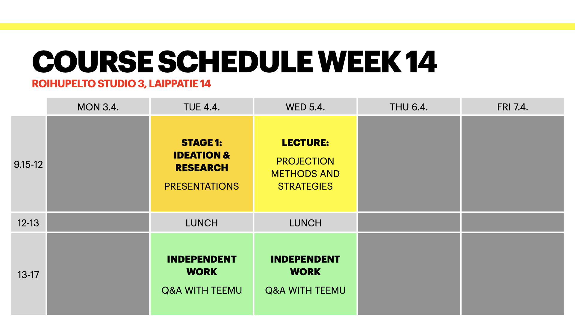 Course schedule week 14
