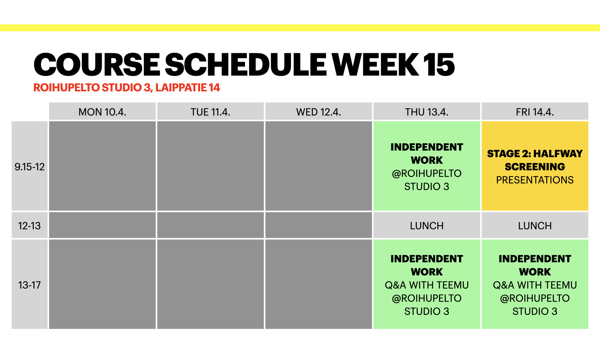 Course schedule week 15