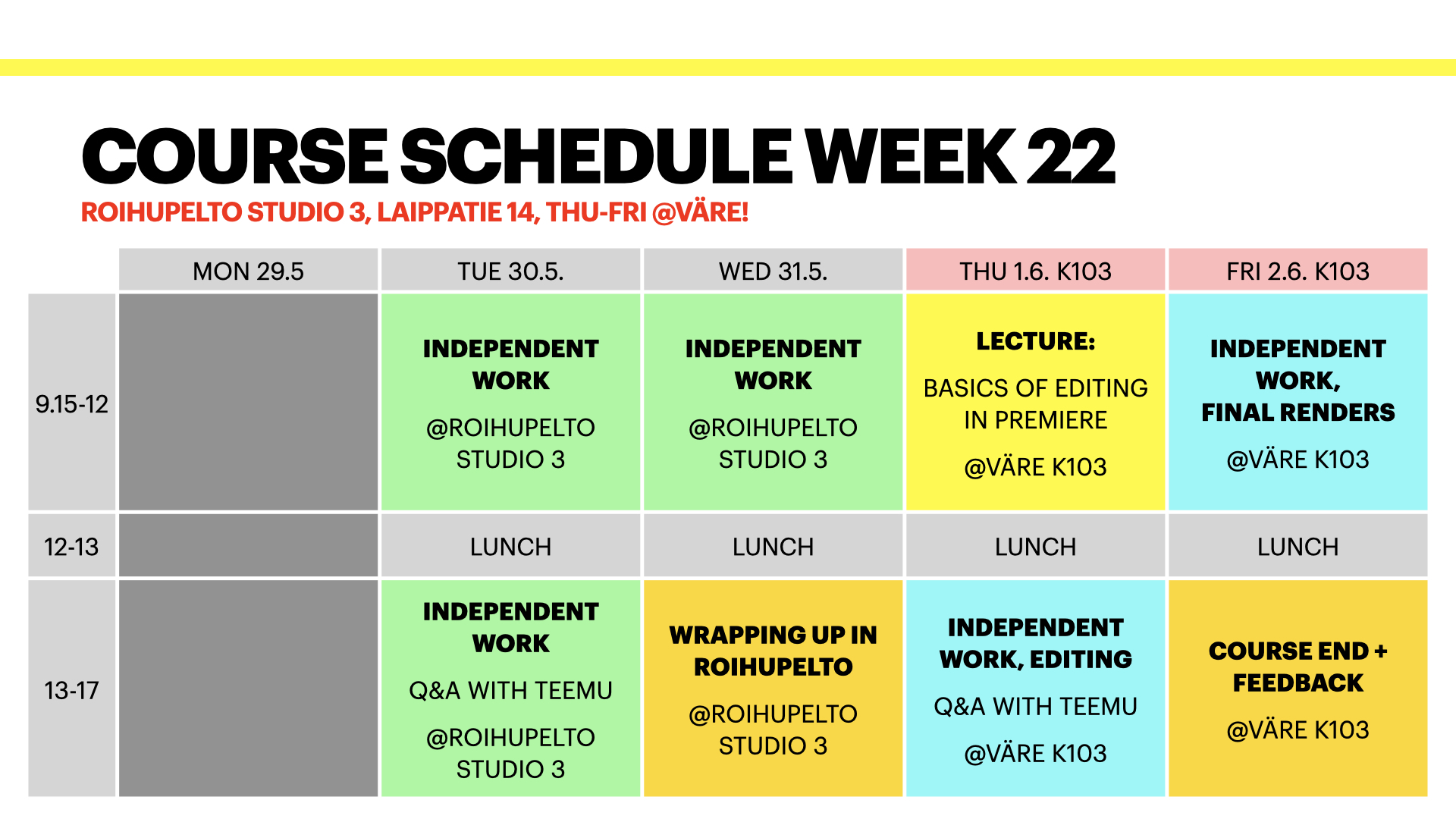 Course schedule week 22