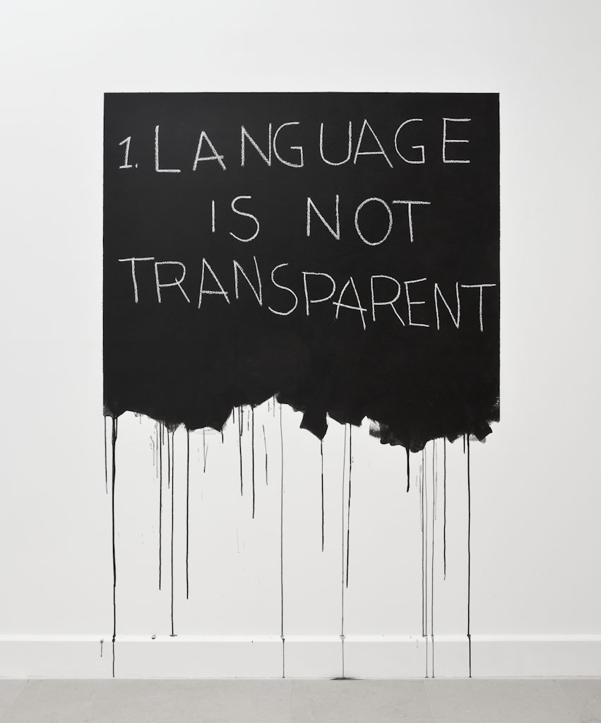 A painting which says "Language is not transparent”, by Mel Bochner in 1970