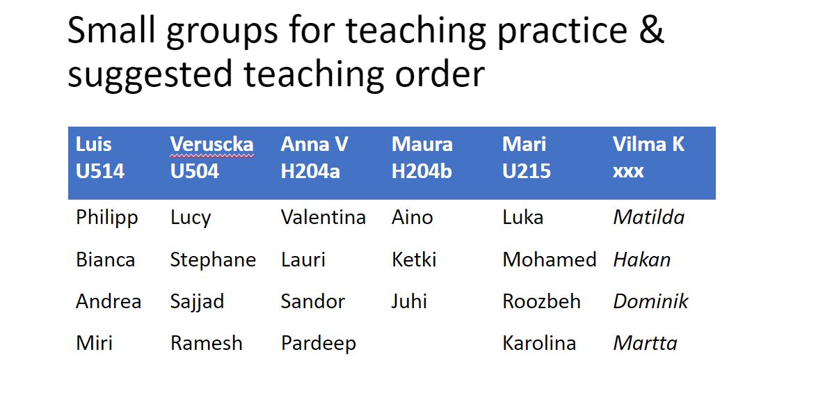 Here you can see the groups and locations for the teaching practice. All rooms are in Otakaari 1.