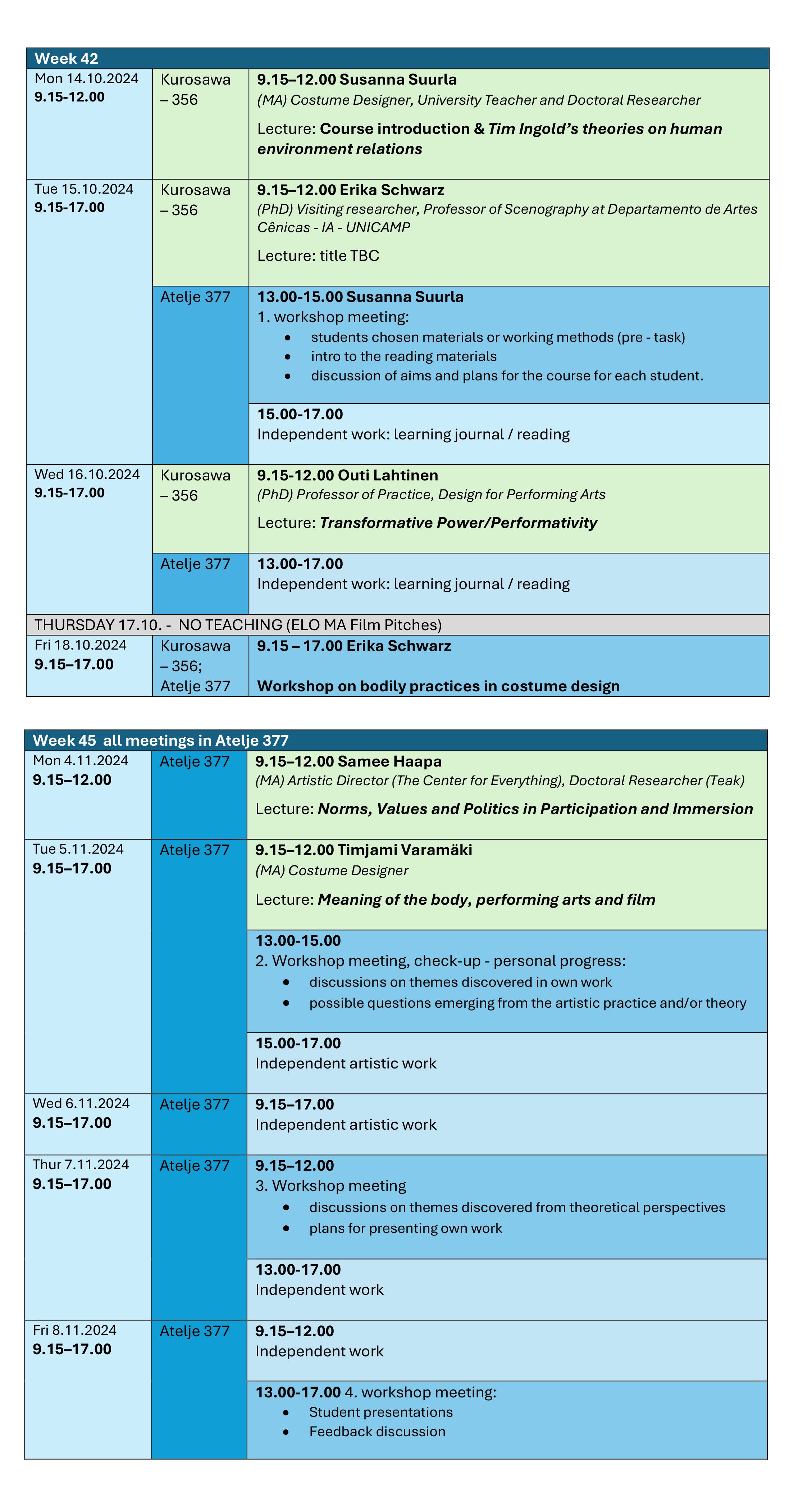 The image contains a detailed schedule of the course