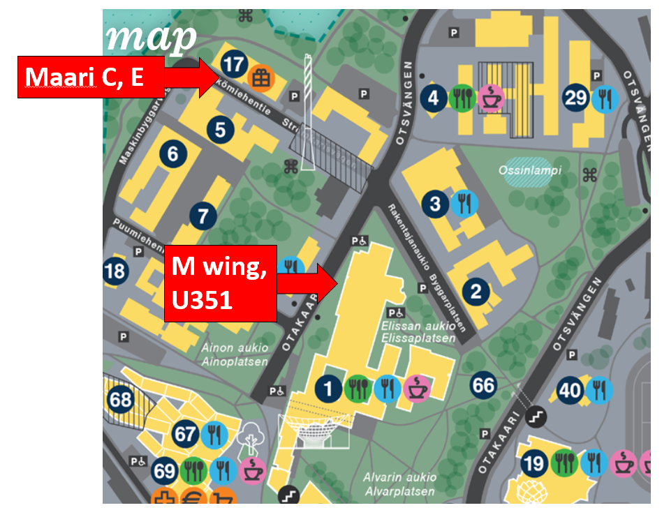 Map indicating the M wing entrance to classroom U351.