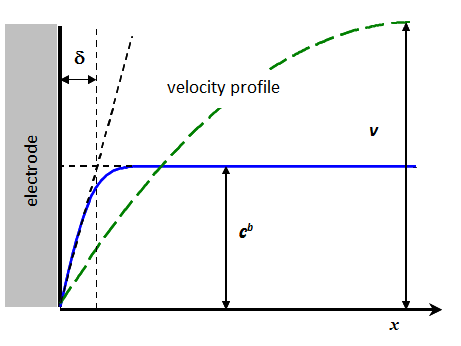 Velocity profile of the solution (green) and concentration profile (blue) at the electrode.